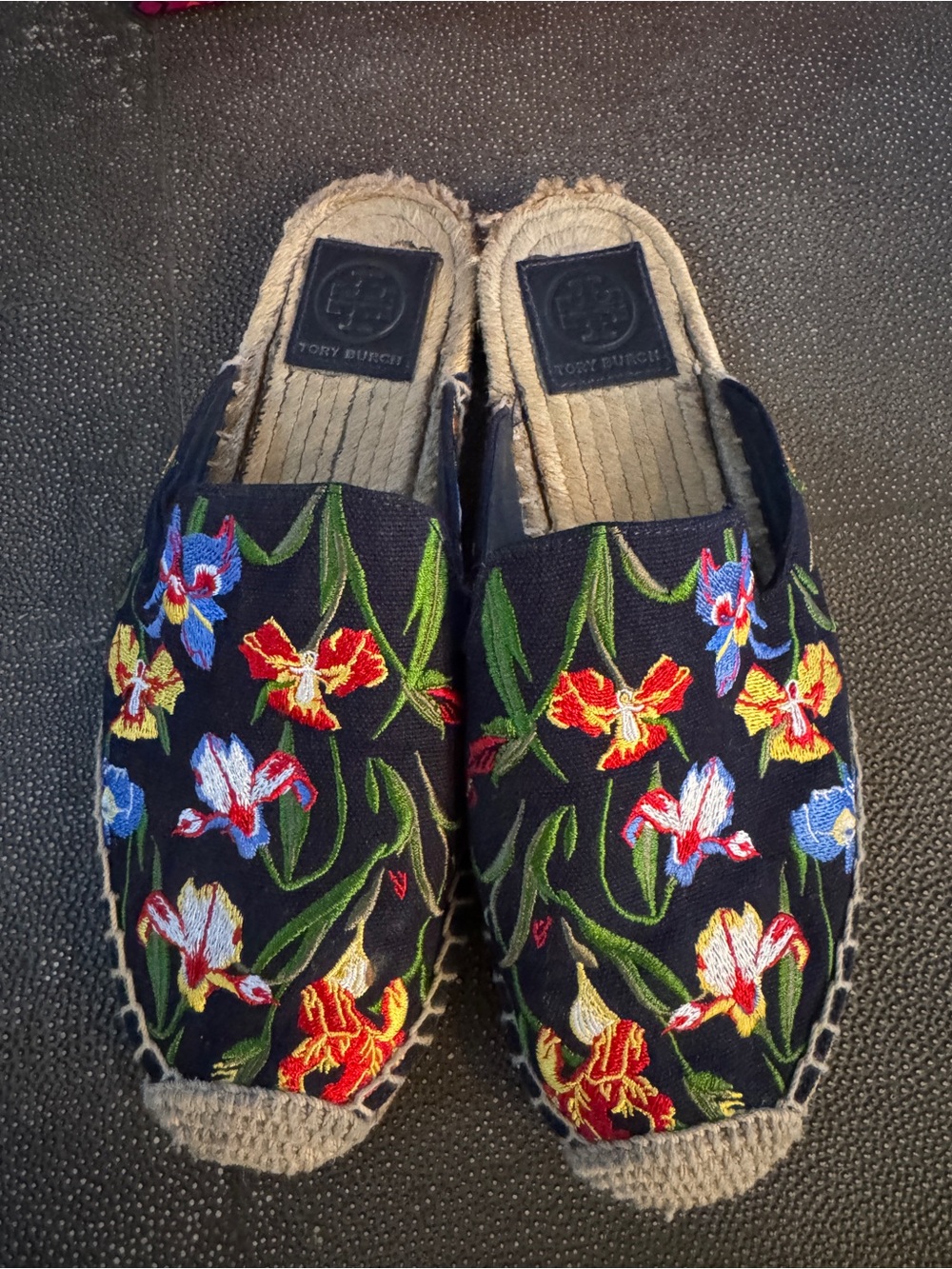 Tory Burch Navy Floral Embroidered Espadrilles